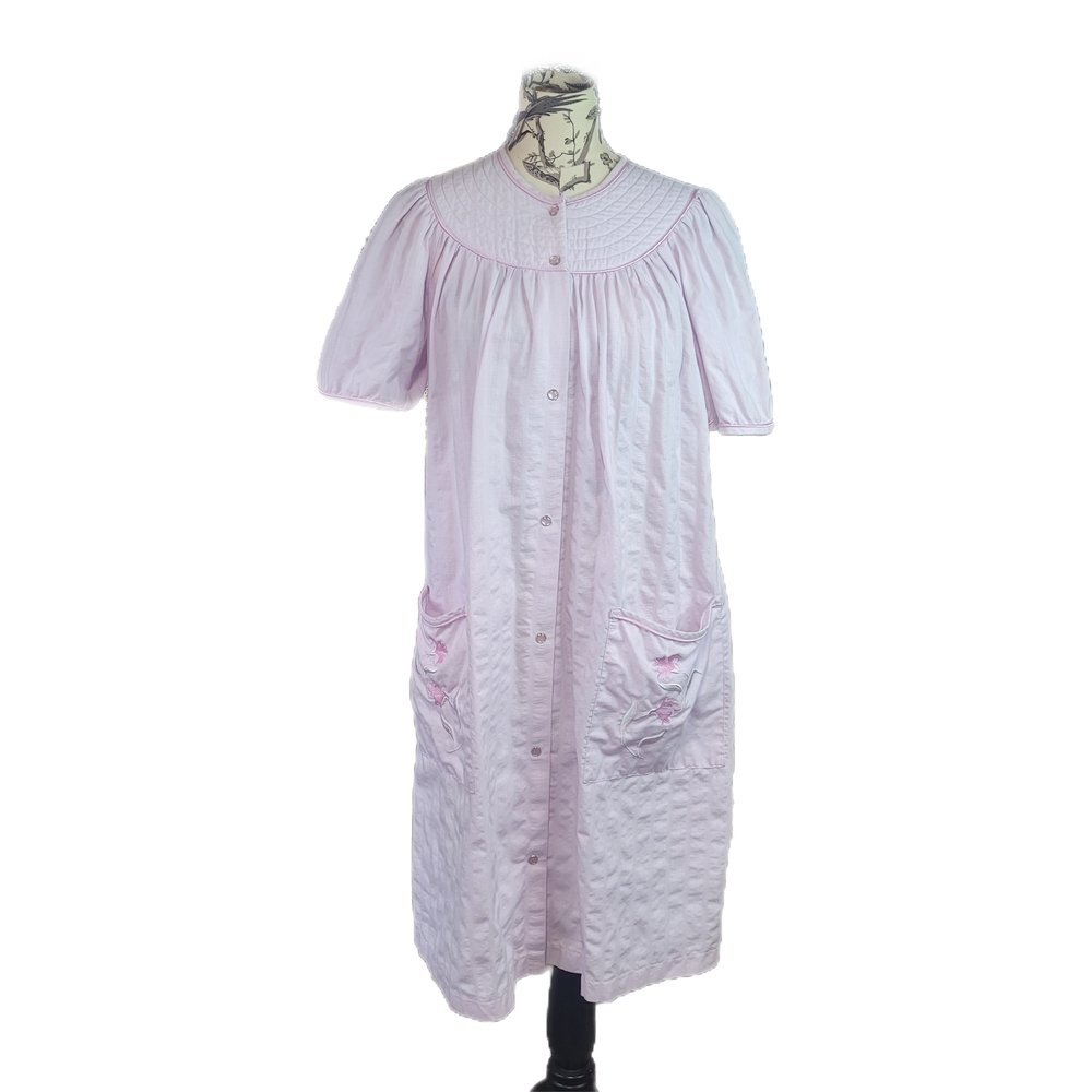 Vintage Smart Time Size S Seersucker Pink Snap Button Pocket House Dress